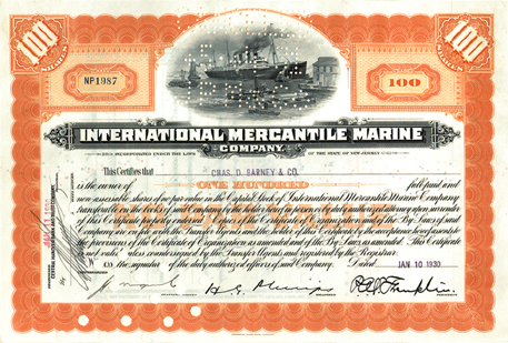 «International Marine Mercantile Co., 1930s, 100 shares»
